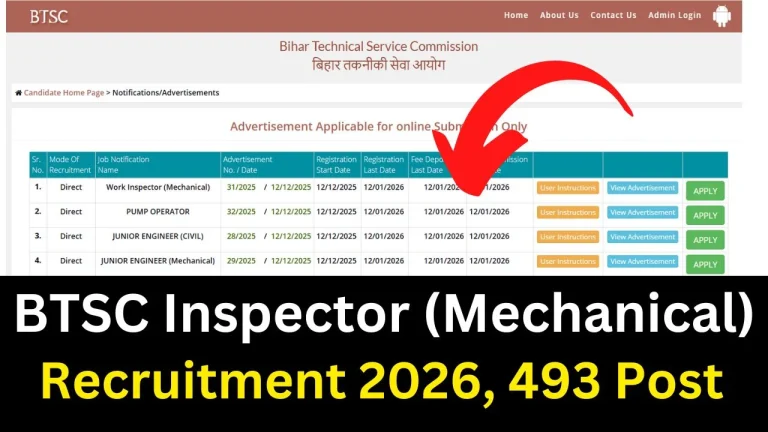 Bihar BTSC Work Inspector Mechanical Vacancy 2026 {493 Post} Apply Online